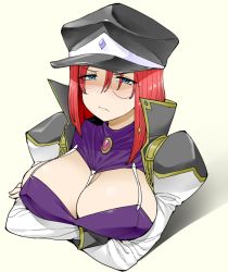 Rule 34 | 1girl, black hat, blue eyes, breasts, cleavage, forte stollen, hat, large breasts, lips, monocle, pout, red hair, simple background, solo, unou (mousou deguchi)