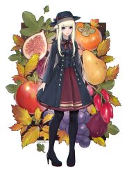 Rule 34 | 1girl, absurdres, apple, arms at sides, artist name, au ra, black footwear, black hat, blonde hair, blue eyes, bow, chromatic aberration, final fantasy, final fantasy xiv, food, fruit, full body, grapes, hat, hat bow, high heels, highres, long sleeves, looking at viewer, pantyhose, pear, persimmon, raku (clearpage), red bow, signature, solo, warrior of light (ff14)
