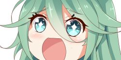 Rule 34 | + +, 10s, 1girl, :d, blush, close-up, green eyes, green hair, hair between eyes, hair ornament, hairclip, kantai collection, long hair, looking at viewer, nahaki, no nose, open mouth, parted bangs, ponytail, portrait, sidelocks, simple background, sin-poi, smile, solo, sparkling eyes, symbol-shaped pupils, white background, yamakaze (kancolle)