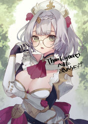 Rule 34 | 1girl, armor, bespectacled, braid, breasts, cleavage, commentary request, genshin impact, glasses, green eyes, grey hair, hand up, hat, highres, large breasts, looking at viewer, noelle (genshin impact), purin uni, round eyewear, short hair, shoulder armor, solo, upper body