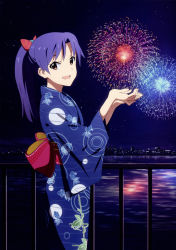 Rule 34 | 1girl, :d, absurdres, akai toshifumi, blue hair, brown eyes, city, fireworks, highres, idolmaster, idolmaster (classic), japanese clothes, kimono, kisaragi chihaya, long hair, looking at viewer, night, official art, open mouth, ponytail, railing, scan, sky, smile, solo, star (sky), star (symbol), starry sky, water, yukata
