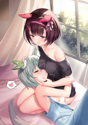 Rule 34 | 2girls, :d, afterimage, animal ears, bad id, bad pixiv id, black shirt, blush, breasts, brown hair, closed eyes, closed mouth, commentary request, convenient arm, convenient censoring, curtains, day, ear wiggle, frilled pillow, frills, grey hair, hair between eyes, hair ornament, hairband, hairclip, heart, highres, horse ears, horse girl, horse tail, indoors, lap pillow, lying, multiple girls, naked overalls, nishino flower (umamusume), off-shoulder shirt, off shoulder, on back, open mouth, overalls, pillow, pink hairband, purple eyes, seiun sky (umamusume), shirt, short hair, short sleeves, silveroid, small breasts, smile, spoken heart, tail, umamusume, window, x hair ornament, yuri