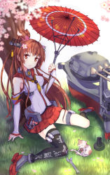 Rule 34 | 10s, 1girl, against tree, animal, bad id, bad pixiv id, black thighhighs, breasts, brown hair, cannon, cat, cherry blossoms, dappled sunlight, elbow gloves, gloves, grass, highres, kantai collection, long hair, looking at viewer, machinery, outdoors, parasol, petals, plant, ponytail, single thighhigh, sitting, skirt, smile, solo, sunlight, thighhighs, tree, turret, umbrella, under tree, very long hair, wrench, yamato (kancolle), z shichao