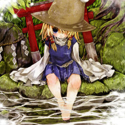 Rule 34 | 1girl, blonde hair, blue eyes, edo., female focus, glint, grass, hair over one eye, hair ribbon, hands in opposite sleeves, hat, high collar, knees, leaf, light particles, light smile, lips, long sleeves, looking at viewer, moriya suwako, moss, pleated skirt, reflection, ribbon, rock, rope, shide, shimenawa, shirt, short hair, sitting, skirt, soaking feet, solo, torii, touhou, twintails, vest, water, wide sleeves