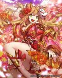 Rule 34 | 1girl, absurdres, ahoge, amakitsune, animal ears, bell, bow, brown hair, cherry blossoms, facial mark, floral print, flower, folding fan, green eyes, hair flower, hair ornament, hand fan, highres, japanese clothes, kimono, lee hyeseung, long hair, mask, official art, open mouth, ribbon, seikon no arcana, seikon no qwaser, solo, tail, very long hair, whisker markings, wolf ears, wolf tail