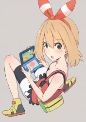 Rule 34 | 1girl, :o, bag, bare shoulders, bike shorts, bike shorts under shorts, blush, breasts, cleavage, creatures (company), flipped hair, game freak, hairband, handheld game console, light brown hair, may (pokemon), medium breasts, nintendo, nintendo 3ds, open mouth, pokemon, pokemon oras, s sasaki 09140, short hair, shorts, solo