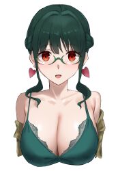Rule 34 | 1girl, absurdres, anosillus ii, anosillus ii (private time), azur lane, bare shoulders, breasts, brown jacket, camisole, cleavage, collarbone, commentary request, cropped torso, earrings, glasses, green-framed eyewear, green camisole, green hair, gridman universe, heart, heart earrings, highres, jacket, jewelry, large breasts, looking at viewer, off shoulder, official alternate costume, open mouth, red eyes, rk (cc15915r), simple background, smile, solo, ssss.dynazenon, upper body, white background