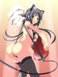 Rule 34 | 1girl, animal ears, ass, bad id, bad pixiv id, black hair, blush, brown eyes, cable, fishnet thighhighs, fishnets, guitar, instrument, k-on!, long hair, looking back, nakano azusa, open mouth, slingshot swimsuit, solo, sparkle, swimsuit, tears, thighhighs, twintails, yanagi yuu