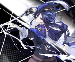 1girl absolution_(genshin_impact) absurdres ass black_skirt blue_capelet blue_hair brown_pantyhose capelet clorinde_(genshin_impact) cowboy_shot genshin_impact gloves hat hat_feather highres holding holding_sword holding_weapon long_hair miniskirt pantyhose pencil_skirt purple_eyes skirt sword thigh_strap tricorne weapon white_gloves yunxiagong