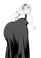 Rule 34 | 1girl, ass, blunt bangs, blush, breasts, corset, dress, from behind, greyscale, highres, huge ass, large breasts, long hair, looking at viewer, looking back, momoko (shoutao), monochrome, original, puffy sleeves, short sleeves, shoutao, solo, white background