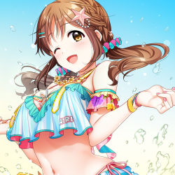 Rule 34 | 1girl, ;d, bare shoulders, bikini, bikini top only, bracelet, braid, breasts, brown eyes, brown hair, commentary request, hair ornament, hairclip, highres, idolmaster, idolmaster cinderella girls, jewelry, large breasts, looking at viewer, low twintails, mikapoe, nail polish, navel, necklace, one eye closed, open mouth, pink nails, smile, solo, star (symbol), star hair ornament, swimsuit, totoki airi, twintails, upper body, water drop