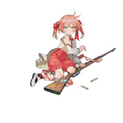 Rule 34 | 1girl, aged down, bolt action, bruise, burnt clothes, carcano, carcano m1891 (girls&#039; frontline), carcano m1891 (little brave cano) (girls&#039; frontline), full body, girls&#039; frontline, green eyes, gun, hair ribbon, injury, nishihara isao, official alternate costume, official art, pink hair, pout, ribbon, rifle, shirt, solo, torn clothes, torn shirt, transparent background, twintails, weapon