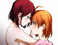 Rule 34 | 2girls, absurdres, ahoge, blush, breasts, closed mouth, commentary request, finger to another&#039;s mouth, highres, kougi hiroshi, love live!, love live! sunshine!!, multiple girls, orange hair, parted lips, red hair, sakurauchi riko, short hair, sideboob, sweatdrop, takami chika, topless, yuri