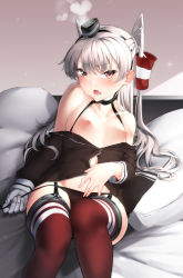 Rule 34 | 1girl, absurdres, amatsukaze (kancolle), black panties, blush, breasts, breasts out, brown dress, brown eyes, commentary request, dress, fang, garter straps, gloves, hair tubes, hairband, heart, highres, kantai collection, long hair, looking at viewer, nipples, off shoulder, open clothes, open dress, open mouth, panties, pillow, red thighhighs, sailor collar, sailor dress, short dress, side-tie panties, silver hair, single glove, sitting, small breasts, smoke, solo, striped clothes, striped thighhighs, thighhighs, two side up, underwear, untied panties, white gloves, zetsuriinu (kairyougata)