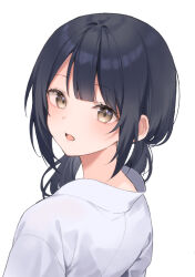 Rule 34 | 1girl, black hair, brown eyes, collared shirt, commentary request, from behind, highres, long hair, looking at viewer, looking back, low twintails, midorikawa you, original, shirt, simple background, solo, twintails, white background, white shirt