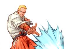 Rule 34 | 1boy, blonde hair, blue eyes, clenched teeth, dougi, fatal fury, fireball, geese howard, hair slicked back, hakama, hakama pants, highres, japanese clothes, looking at object, male focus, muscular, muscular male, nishimura kinu (style), pants, red hakama, setsuna kasugano, short hair, solo, teeth, the king of fighters, twitter username, v-shaped eyebrows, white background, wristband