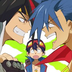 3boys animal animal_on_shoulder anton_ivanov black_gloves black_hair blue_hair boota_(ttgl) commentary_request crossover fingerless_gloves gloves goggles goggles_on_head grin hair_between_eyes headband highres jewelry kamina_(ttgl) male_focus mole multicolored_hair multiple_boys open_mouth red_eyes red_hair simon_(ttgl) simple_background smile sparkle spiked_hair tengen_toppa_gurren_lagann until_hotobori upper_body watermark zenless_zone_zero