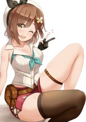Rule 34 | 1girl, ;d, atelier (series), atelier ryza, atelier ryza 2, belt, beret, black gloves, black thighhighs, blush, breasts, brown belt, brown hair, cleavage, collarbone, commentary request, fingerless gloves, gloves, hat, highres, kibihimi, leg belt, looking at viewer, medium breasts, one eye closed, open mouth, red shorts, reisalin stout, short hair, short shorts, shorts, simple background, single thighhigh, sitting, smile, solo, thighhighs, v, white background, white hat, yellow eyes