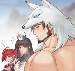 Rule 34 | 1boy, 2girls, anger vein, bara, beard, blush, breast envy, character request, check copyright, copyright request, dungeon and fighter, facial hair, from side, girl staring at guy&#039;s chest (meme), head steam, highres, large pectorals, looking at pectorals, looking down, mature male, meme, multiple girls, muscular, muscular male, nude, pale skin, pectoral focus, pectorals, pout, priest, sdz (inazuma), short hair, smile, thick eyebrows, upper body, wolf hood