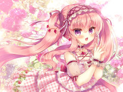 Rule 34 | 1girl, :d, blush, choker, collarbone, commentary request, detached sleeves, dress, floral background, flower, frilled dress, frilled hairband, frills, hair between eyes, hairband, hands up, layered dress, lilia chocolanne, long hair, looking at viewer, open mouth, original, pink dress, pink flower, pink hair, pink hairband, pink rose, plaid, plaid dress, pleated dress, puffy short sleeves, puffy sleeves, purple eyes, red choker, rose, see-through, see-through sleeves, short sleeves, smile, solo, steepled fingers, suzunone rena, twintails, very long hair, wrist cuffs