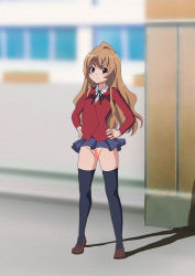 Rule 34 | 1girl, aisaka taiga, aruman, black thighhighs, brown eyes, brown hair, censored, exhibitionism, hands on own hips, looking at viewer, no panties, outdoors, public indecency, pussy, school uniform, solo, thighhighs, toradora!