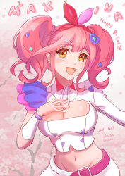 Rule 34 | 1girl, belt, blue flower, breasts, brown eyes, character name, cleavage, cleavage cutout, clothing cutout, cropped jacket, dated, flower, hair flower, hair ornament, hair ribbon, hairband, hand on own chest, happy birthday, head tilt, heart, highres, jacket, macross, macross delta, makina nakajima, medium breasts, midriff, navel, open mouth, pink belt, purple ribbon, red hairband, red ribbon, ribbon, single sleeve, skirt, smile, solo, taka-tan (tk an ), triangle hair ornament, twintails, two-tone ribbon, white jacket, white skirt