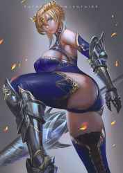 Rule 34 | 1girl, armored boots, artoria pendragon (fate), artoria pendragon (lancer) (fate), ass, bad id, bad pixiv id, bare shoulders, blonde hair, blue gloves, blue leotard, blue thighhighs, boots, braid, breasts, cleavage, cleavage cutout, clothing cutout, commentary, crown, english commentary, fate/grand order, fate (series), french braid, gauntlets, gloves, gradient background, green eyes, grey background, hair between eyes, heattech leotard, high collar, highres, holding, holding weapon, lance, large breasts, leg up, leotard, looking at viewer, no bra, parted lips, polearm, revealing clothes, rhongomyniad (fate), short hair, sideboob, sidelocks, simple background, thighhighs, thighhighs under boots, thighs, turtleneck, unfairr, weapon