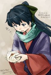 Rule 34 | 10s, 1girl, baozi, black hair, bow, coat, commentary request, food, grey eyes, hair bow, houshou (kancolle), japanese clothes, kantai collection, ponytail, scarf, solo, steam, translation request, twitter username, yuzu momo