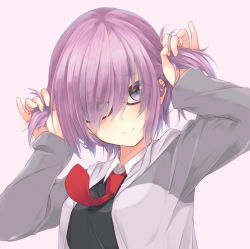 Rule 34 | 1girl, bunching hair, closed mouth, eyes visible through hair, fate/grand order, fate (series), hair over one eye, hands up, hood, hoodie, kurai masaru, looking at viewer, mash kyrielight, necktie, open clothes, open hoodie, purple background, purple eyes, purple hair, red necktie, short hair, simple background, smile, solo, twintails