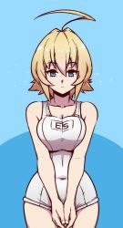 Rule 34 | 1girl, ahoge, akairiot, blazblue, blonde hair, blue background, blue eyes, breasts, cleavage, commentary, covered navel, es (xblaze), highres, huge ahoge, large breasts, long hair, narrow waist, one-piece swimsuit, short hair, solo, sparkle, swimsuit, white one-piece swimsuit, xblaze, xblaze code: embryo