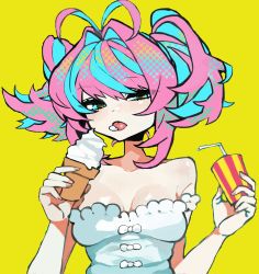 Rule 34 | 1girl, antenna hair, aqua eyes, aqua hair, breasts, cleavage, commentary request, cup, disposable cup, dress, drinking straw, food, highres, holding, holding cup, holding food, ice cream, ice cream cone, licking, medium breasts, multicolored hair, original, pink hair, short twintails, simple background, solo, strapless, strapless dress, tongue, twintails, upper body, watawata young, white dress, yellow background