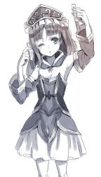 Rule 34 | 1girl, ;o, arm up, armpits, atelier (series), atelier totori, detached sleeves, dress, female focus, hat, monochrome, one eye closed, parsley-f, simple background, solo, test tube, totooria helmold, white background, wink