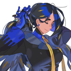 1girl adjusting_hair black_hair blue_gloves blue_shirt breasts buttons closed_eyes closed_mouth commentary_request creatures_(company) earrings eyelashes game_freak geeta_(pokemon) gloves highres jacket jewelry long_hair long_sleeves nanaasuzy_pk neck_ribbon nintendo pokemon pokemon_sv ponytail ribbon shirt simple_background smile solo upper_body white_background yellow_ribbon