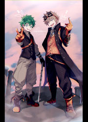 Rule 34 | 2boys, bakugou katsuki, black jacket, blonde hair, boku no hero academia, boots, cane, congratulations, freckles, gloves, goggles, goggles on head, green eyes, green hair, highres, jacket, looking at viewer, male focus, midoriya izuku, multiple boys, necktie, open mouth, orange gloves, red eyes, smile, spiked hair, tongue, tongue out, ume (326310), v