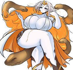 Rule 34 | alternate costume, breasts, cleavage, fire emblem, fire emblem heroes, gullveig (fire emblem), highres, large breasts, nintendo, oni horn, orange eyes, pogeaux, snake, tagme, thick thighs, thighs, wide hips