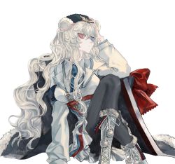 Rule 34 | 1girl, arknights, armband, bad id, bad pixiv id, black headwear, blue armband, blue eyes, blue hair, blue necktie, bobby pin, boots, bow, coat, female focus, found modori, fur-trimmed boots, fur-trimmed coat, fur trim, grey footwear, grey hair, grey pantyhose, hair between eyes, hand on own head, heterochromia, highres, long hair, looking at viewer, multicolored hair, necktie, orange hair, padded coat, pantyhose, parted lips, pink eyes, red bow, rosa (arknights), simple background, solo, streaked hair, white background