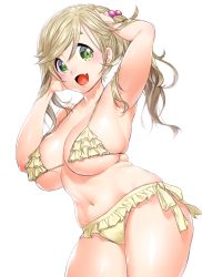 Rule 34 | 1girl, :d, armpits, arms up, bikini, blush, breasts, brown hair, curvy, fang, frilled bikini, frills, green eyes, hair bobbles, hair ornament, inuyama aoi, large breasts, long hair, looking at viewer, navel, onsoku inu, open mouth, plump, side-tie bikini bottom, side ponytail, simple background, skin fang, skindentation, smile, solo, standing, stomach, swimsuit, thick eyebrows, white background, yellow bikini, yurucamp