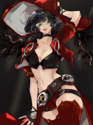 Rule 34 | 1girl, arm up, belt, black background, black choker, black hair, bob cut, breasts, choker, cleavage, collarbone, electricity, found modori, green-tinted eyewear, guilty gear, guilty gear strive, hat, highres, i-no, jacket, large hat, looking at viewer, midriff, mole, mole above mouth, navel, red hat, red jacket, red thighhighs, short hair, simple background, smile, solo, stomach, sunglasses, thighhighs, tinted eyewear, venus symbol, wings, witch hat