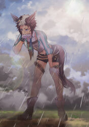 Rule 34 | 1girl, absurdres, animal ears, baseball uniform, black shorts, blue necktie, boots, breasts, brown hair, character name, cloud, cloudy sky, commentary request, dirty, dirty clothes, dirty footwear, ear ornament, ear piercing, full body, gloves, hand on own leg, highres, horse ears, horse girl, horse tail, medium breasts, mejiro ryan (umamusume), midriff, multicolored hair, navel, necktie, outdoors, piercing, pmoufu, purple eyes, rain, shirt, shorts, sky, solo, sportswear, streaked hair, striped clothes, striped shirt, tail, thigh strap, umamusume, wet, white footwear, white gloves, white hair
