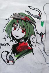 Rule 34 | 1other, androgynous, brown headband, cocopalm, green hair, green shirt, hair between eyes, headband, highres, len&#039;en, looking at viewer, marker (medium), open mouth, other focus, para (len&#039;en), red scarf, scarf, shirt, short hair, smile, solo, traditional media