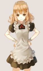 Rule 34 | &gt;:), 1girl, alternate costume, apron, bad id, bad pixiv id, blonde hair, enmaided, face, flat chest, hair ornament, hairclip, hand on own hip, hands on own hips, hip focus, kujou negi (minto p), looking at viewer, maid, maid apron, maid headdress, minto p, oomuro sakurako, smile, solo, v-shaped eyebrows, wristband, yellow eyes, yuru yuri