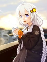 Rule 34 | 1girl, :d, ahoge, bad id, bad pixiv id, blue eyes, blurry, braid, commentary request, cup, depth of field, highres, holding, kizuna akari, locomotive, long hair, looking at viewer, low twintails, messy hair, mug, open mouth, smile, solo, steam, steam locomotive, takeda yukimura, twin braids, twintails, vocaloid, voiceroid, white hair
