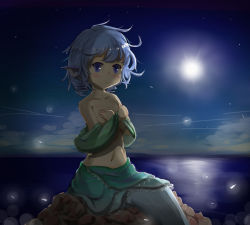 Rule 34 | 1girl, blue eyes, blue hair, blush, cloud, covering privates, covering breasts, drill hair, fins, full moon, head fins, hizuki kokoro, lake, light particles, looking at viewer, matching hair/eyes, mermaid, monster girl, moon, navel, night, rock, short hair, sitting, sitting on rock, solo, topless, touhou, twin drills, wakasagihime