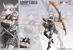 Rule 34 | 1girl, 2020, adoptable, allosauc, animal ears, arrow (projectile), artist name, asymmetrical legwear, belt, belt buckle, black bag, black belt, black collar, black footwear, black shirt, black skirt, black sleeves, black socks, blunt bangs, boots, bow (weapon), breasts, buckle, cleavage, close-up, closed mouth, collar, commentary, cowboy shot, cropped jacket, detached collar, deviantart username, drawing bow, english commentary, english text, eyelashes, frown, full body, gradient background, grey background, highres, holding, holding arrow, holding bow (weapon), holding weapon, huge breasts, jacket, knee pads, kneehighs, layered sleeves, light blush, lizard tail, long sleeves, looking at viewer, low twintails, medium hair, miniskirt, multiple views, open clothes, open jacket, original, personification, polka dot, polka dot background, projected inset, salamander, salamander ears, shirt, shoe belt, short twintails, sidelocks, simple background, single kneehigh, single sock, skirt, sleeves past wrists, socks, strapless, strapless shirt, tail, triangle background, twintails, weapon, white hair, white jacket, white sleeves, yellow eyes