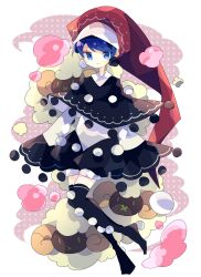 Rule 34 | 1girl, :3, black dress, black legwear, blue hair, commentary, doremy sweet, dream soul, dress, hat, highres, long sleeves, looking at viewer, multicolored clothes, multicolored dress, nightcap, nikorashi-ka, one-hour drawing challenge, pom pom (cheerleading), red hat, sheep, short hair, sleeves past fingers, sleeves past wrists, solo, touhou, white dress, wide sleeves