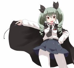 Rule 34 | 10s, 1girl, anchovy (girls und panzer), cape, drill hair, girls und panzer, green hair, hair ribbon, hand on own hip, long hair, looking at viewer, open mouth, pantyhose, red eyes, ribbon, riding crop, school uniform, skirt, solo, twin drills, white background, white pantyhose, wk (low-f)