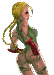 Rule 34 | 1girl, ass, back, blonde hair, blue eyes, braid, breasts, cammy white, capcom, large breasts, leotard, long hair, looking back, muscular, nam (nam990902), nanboku, solo, street fighter, twin braids