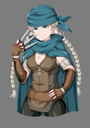 Rule 34 | 1girl, absurdres, bandana, blue bandana, braid, breasts, cleavage, commission, commissioner upload, facing viewer, fire emblem, fire emblem awakening, fire emblem fates, gloves, hand on own hip, highres, holding, holding knife, knife, leather, leather gloves, looking at viewer, low twin braids, medium breasts, nina (fire emblem), nintendo, non-web source, smile, solo, throwing knife, twin braids, villager c, weapon, white hair