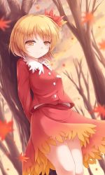 Rule 34 | 1girl, aki shizuha, arms behind back, autumn, autumn leaves, blonde hair, falling leaves, forest, hair ornament, highres, leaf, leaf hair ornament, light smile, looking at viewer, lzh, nature, red shirt, shirt, short hair, skirt, skirt set, solo, touhou, tree, yellow eyes