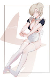 Rule 34 | 1girl, absurdres, apron, azur lane, barefoot, bikini, black bikini, blonde hair, braid, breasts, character name, cleavage, collarbone, commentary request, cross, feet, full body, hair over one eye, highres, interlocked fingers, large breasts, liangfen, looking at viewer, maid headdress, no panties, parted lips, sheffield (azur lane), short hair, short sleeves, solo, swimsuit, thighhighs, white apron, white background, white thighhighs, yellow eyes